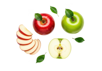 Fresh red and green apples sliced and whole on fruit food