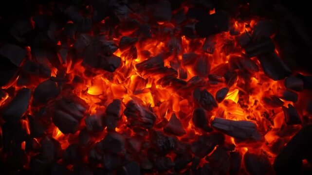 Glowing embers and dark charcoal pieces fill the frame, showing various stages of burning.
