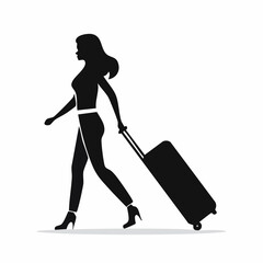 Flat vector black and white silhouette of a person pulling luggage, clean icon for airport or train station signage