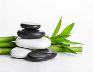 Obraz premium Serene Minimalist Zen Garden with Smooth Stones and Bamboo on White Background