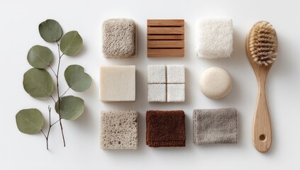 Natural bath and body items arranged on white background
