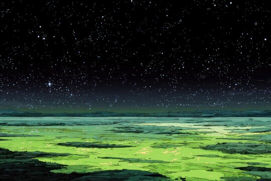 Vast, vibrant green alien landscape under a starry night sky - Powered by Adobe