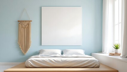 Serene minimalist bedroom with a light blue wall, a blank canvas above the bed, and a macrame wall hanging.