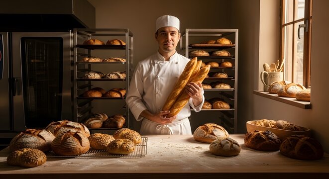 Portrait of a Professional Baker Holding Fresh Baguettes in a Commercial Bakery