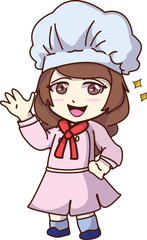 Illustration of Cute Chibi Female Chef with red scarf waving
