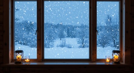 Peaceful winter window scene with falling snow outside and warm candles inside on the wooden sill.