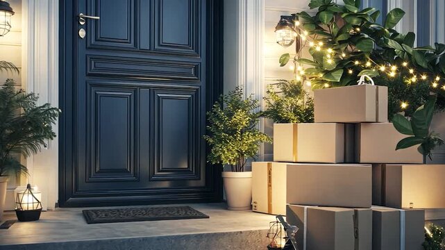 Delivery at the front door at dusk, lit by string lights and porch lamps