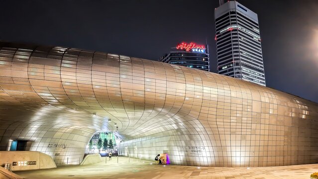 Dongdaemun Design Plaza designed by Zaha Hadid, major urban development landmark in Seoul, South Korea.