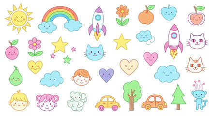 A collection of adorable cartoon illustrations featuring smiling suns, rainbows, rockets, and various cute characters.