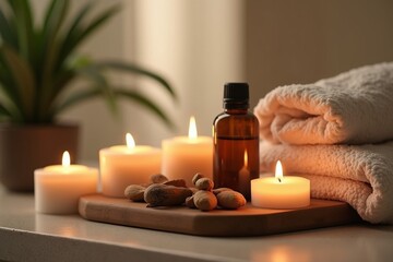 A serene spa setting with candles and essential oils, styled for wellness or relaxation ads