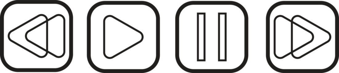 Multimedia player control icons including rewind, play, pause, and fast forward in thin, filled, and colored styles – transparent background