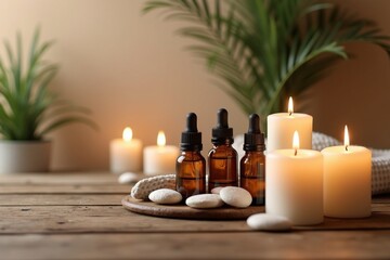 A serene spa setting with candles and essential oils, styled for wellness or relaxation ads