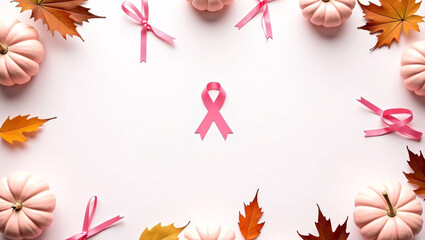 A pink ribbon surrounded by pink pumpkins and autumn leaves on a white background symbolizes breast cancer awareness in october