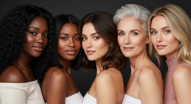 A diverse group of women of different ages and ethnicities showcase their beautiful skin