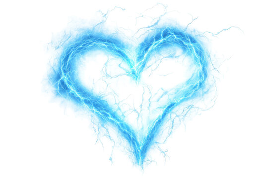Glowing blue electric heart symbol isolated on transparent background. Electrifying blue lightning bolt isolated on white background.