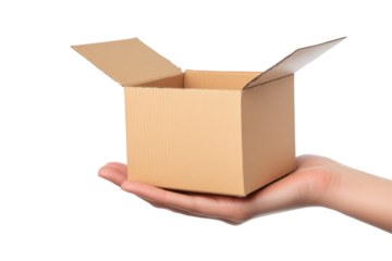 Hand holding an open empty cardboard box isolated on a transparent background. Person is holding a cardboard box with a white background