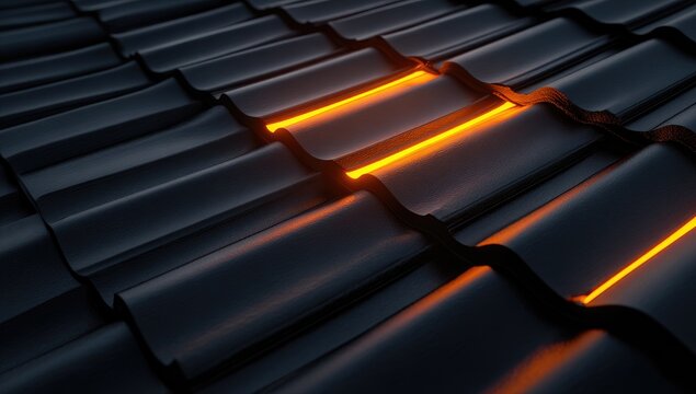 Dark roof tiles with glowing orange lines