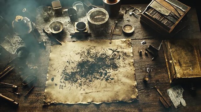 Aged parchment and antique tools on a weathered wooden table