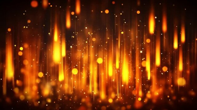 Vertical streaks of orange and yellow light descend over a dark background interspersed with glowing orbs.
