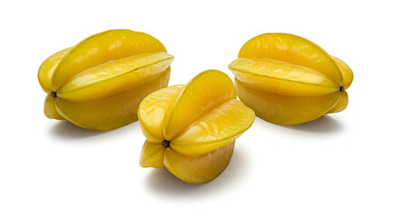 Three starfruits lined diagonally with crisp shadows, white isolated background