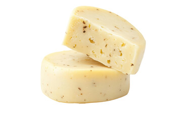 Slices of delicious cheese with herbs and spices isolated on transparent background. Cheese isolated on white background.