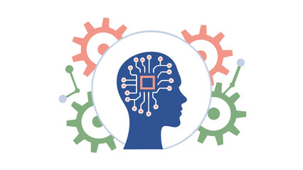 head with a circuit board inside surrounded by gears and connected dots