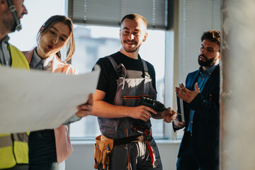 Group of individuals collaborating on a construction project, including a trades person and office...