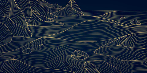 Vector line mountains and waves illustration, golden luxury rocks and sea water scape, nature japanese environment background
