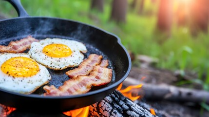 Breakfast in the Wilderness: A sizzling cast iron skillet, laden with freshly cooked eggs and crispy bacon, rests above a crackling campfire, embodying the essence of a rustic outdoor breakfast.