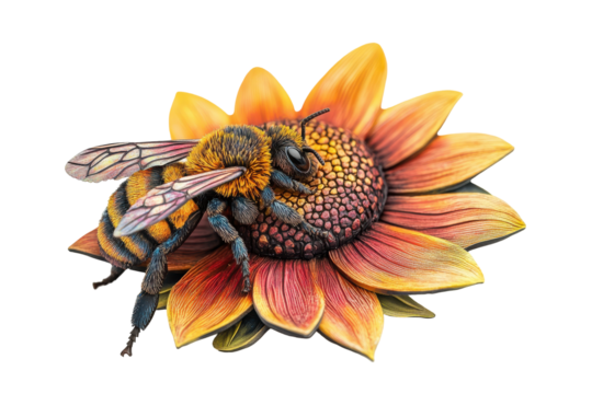 A realistic bee resting on a vibrant sunflower isolated on transparent background.