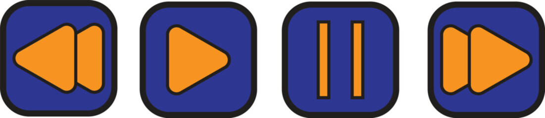 Multimedia player control icons including rewind, play, pause, and fast forward in thin, filled, and colored styles – transparent background