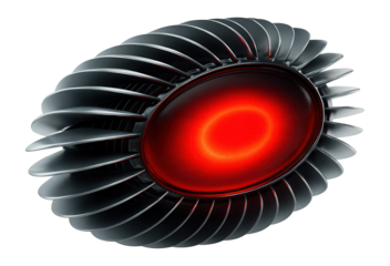 Elliptical transmitter with rotating metallic fins and pulsating red core.