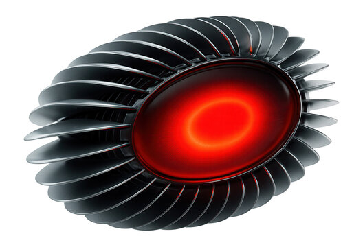 Elliptical transmitter with rotating metallic fins and pulsating red core.