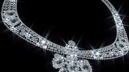 A high jewelry necklace with round brilliant cut diamonds and leaves shaped or the other shaped diamond stones created by 3D modeling on deep black background.