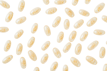 Softgel capsules with tiny pearls inside scattered on a transparent background. Collection of beige dietary capsules scattered isolate on white background.
