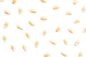 Softgel capsules with tiny pearls inside scattered on a transparent background. Collection of beige dietary capsules scattered isolate on white background.
