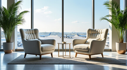 Cozy Lounge Chairs with Airport View Under Bright Natural Light in Modern Space