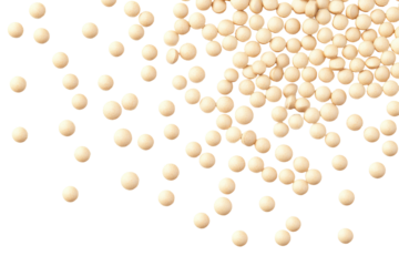 Scattered small beige spherical pills or tablets isolated on transparent background.