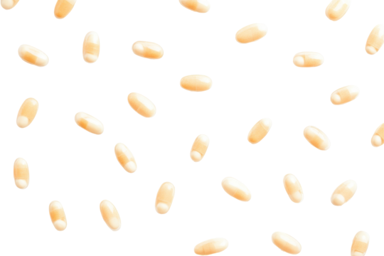 Softgel capsules with tiny pearls inside scattered on a transparent background. Collection of beige dietary capsules scattered isolate on white background. - Powered by Adobe