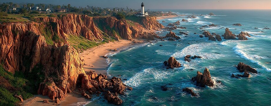 Scenic coastal view with lighthouse and cliffs.