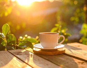 Obraz premium Sunrise coffee on a wooden table