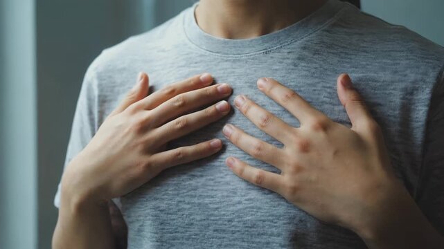 Close-up of hands on chest during deep breathing practice, calm rising and falling motion in 4K