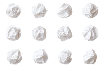 Collection of crumpled white paper balls isolated on transparent background. Collection of crumpled balls of white paper isolated on white background.