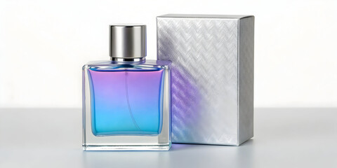 Iridescent liquid in glass bottle with silver cap