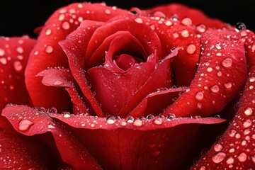 Captivating Close-Up of a Red Rose Adorned with Sparkling Water Droplets Against a Black Backdrop