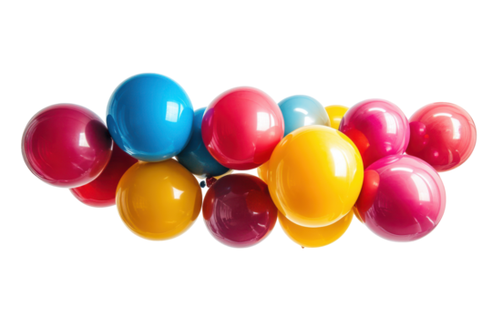 Cluster of shiny colorful balloons arranged together isolated on transparent background. Colorful balloons isolated on white background.