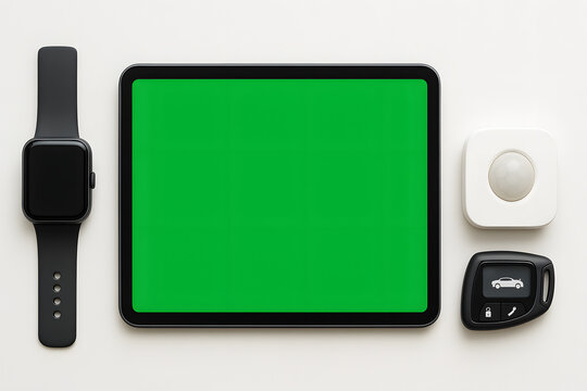A green screen tablet paired with a smartwatch, smart key, and home sensors