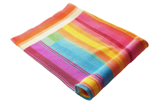 Colorful striped beach towel folded isolated on transparent background. Colorful beach towel with sharp clear stripes isolated on white background.