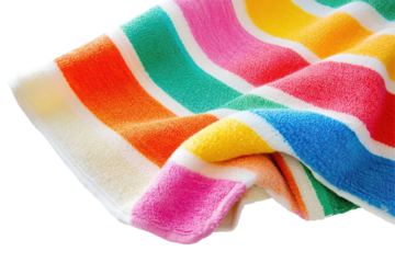 Colorful striped beach towel folded isolated on transparent background. Colorful beach towel with sharp clear stripes isolated on white background.