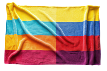 Colorful striped beach towel folded isolated on transparent background. Colorful beach towel with sharp clear stripes isolated on white background.